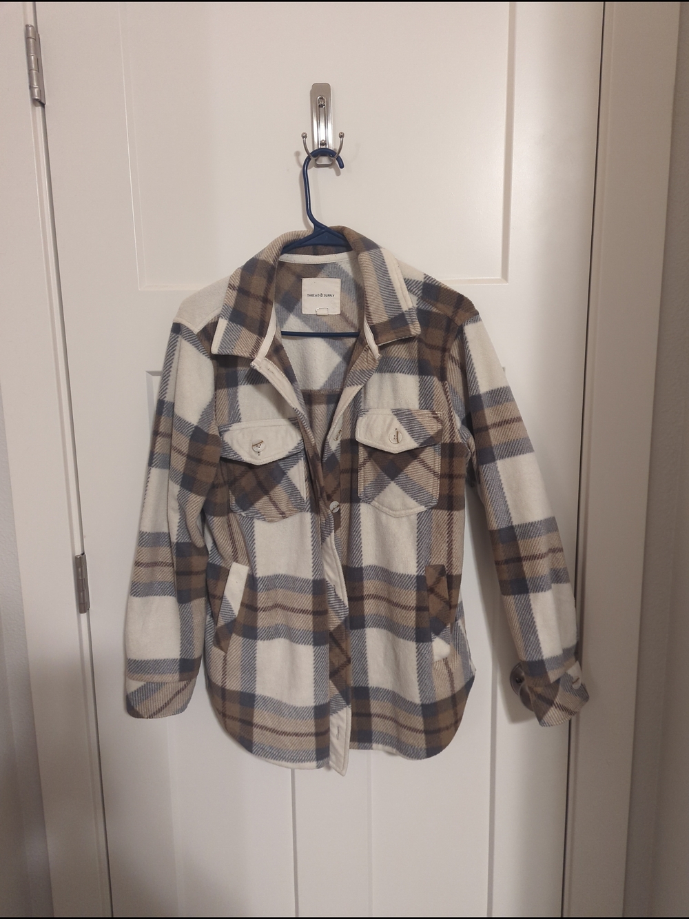 Thread & Supply Plaid Utility Shacket in Cream, Brown & Gray